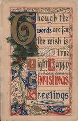 Illustrated Christmas Greetings with Holly and Ornate Lettering Postcard