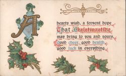 A Hearty Wish Christmas Greeting with Ornate A and Holly Leaves Postcard