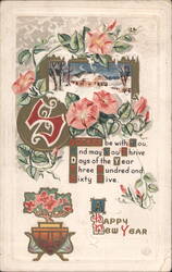 Happy New Year Greeting with Flowers and Winter Village Scene Postcard