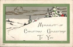 Merriest of Christmas Greetings Snowy Winter Scene with Red House Postcard