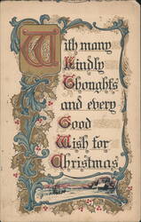 Christmas Greeting Card with Ornate Initial W, Holly, and Winter Landscape Postcard