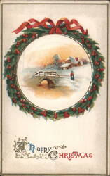 Happy Christmas Greeting Card with Snowy Winter Scene & Holly Wreath Postcard