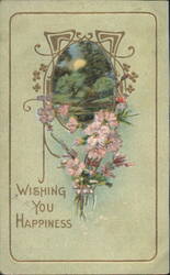 Wishing You Happiness with Pink Flowers & Landscape Scene Postcard