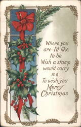 Merry Christmas Holly & Red Bow Greeting Poem Postcard