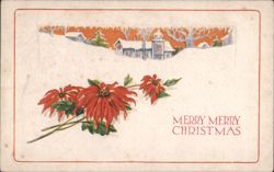 Poinsettias and Snowy Village Scene with Merry Christmas Greeting Postcard