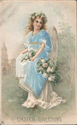 Easter Greeting Angel with Flowers and Church Background Postcard