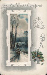 An Xmas Greeting All Good Wishes Winter Scene with Shepherd and Sheep Postcard