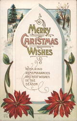 Merry Christmas Wishes with Poinsettias and Winter Scene Postcard