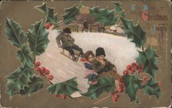 The Best Of Christmas Joys, Children Sledding with Holly Border Postcard