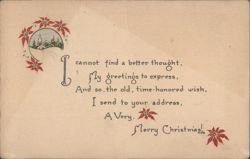 Merry Christmas Poem with Snowy Church and Poinsettias Postcard
