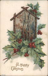 A Merry Christmas Holly & Berries with Winter Forest Scene Postcard