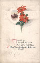 Bright & Merry Christmas Greeting with Poinsettias & Winter Village Scene Postcard