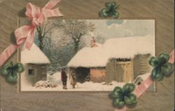 Friendships Greetings Winter Scene with Snow-Covered Cottages & Shamrocks Postcard