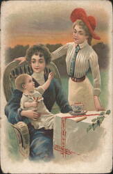 Two Women and Baby Enjoying Tea at Sunset Postcard