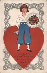 Illustrated Child with Flowers on Red Heart, 'Warm Heart but Cold Feet' Postcard