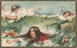 Comic Women in Ocean Waves, 'Greetings from Nina' Postcard