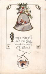 Christmas Bell with Snowy Village Scene, Holly, and Fireplace Greeting Postcard