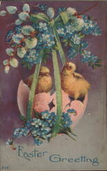 Easter Greeting with Two Chicks in Broken Eggshell & Blue Flowers Postcard