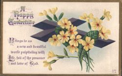 Happy Eastertide Greeting with Primrose Flowers and Cross Postcard