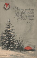 New Year's Greetings: Snowy Evergreen Tree and Red Sunset Postcard