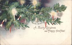 Merry Christmas & Happy New Year, Lit Candles on Decorated Tree Branches Postcard