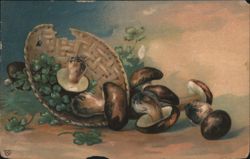 Still Life of Mushrooms, Broken Basket, and Clover Postcard