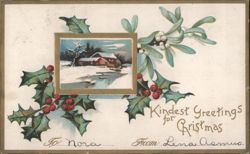 Holly Mistletoe Winter Scene Kindest Greetings for Christmas Postcard