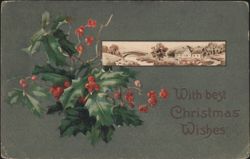 Christmas Holly & Berries with Winter Village Scene, Best Wishes Postcard