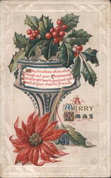 Christmas Greeting with Holly, Poinsettia, and Verse Postcard