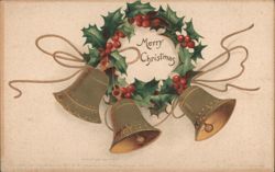 Merry Christmas Wreath with Holly, Berries & Bells by Ellen H. Clapsaddle Postcard