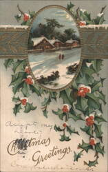 Christmas Greetings, Snowy Winter Scene with Holly and Berries Postcard