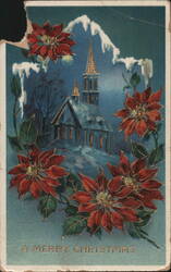 Snowy Church with Poinsettias, A Merry Christmas Greeting Postcard