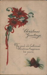Christmas Greetings with Poinsettias, Pinecones & Festive Ribbon Postcard
