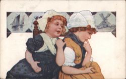 Two Dutch Girls in Traditional Costumes with Windmill and Sailboat Postcard