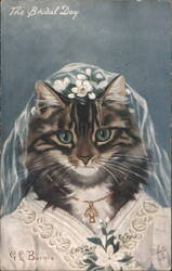 The Bridal Day Cat Bride in Veil and Gown by G. L. Barnes Postcard