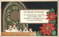 Christmas Greetings with Choir Children, Stained Glass, and Poinsettias Postcard