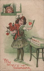 Girl with Red Roses & 'LOVE' Card for My Sweetheart, Valentine's Day Postcard