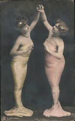 Two Mermaids Mirrored, Hand-Colored Postcard