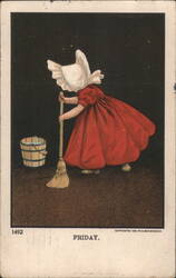 Friday Housework with Bonneted Figure Sweeping & Bucket Postcard