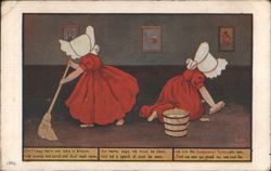 Sunbonnet Twins Sweeping and Cleaning with Rhyming Verse Postcard