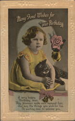 Girl with Black Cat & Birthday Greeting, 'Many Fond Wishes for your Birthday' Postcard