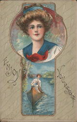 Enjoy Yourself - Woman in Sailor Blouse & Canoeing on a Lake Postcard