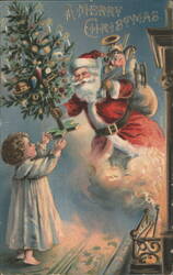 Santa Claus Delivering Christmas Tree to Child, A Merry Christmas Postcard