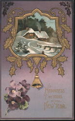 Winter Cabin Scene with Holly & Bell, New Year's Greeting Postcard