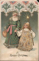 Santa Claus and Child with Star, A Happy Christmas Greeting Postcard