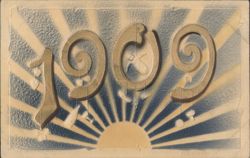 1909 New Year's Greeting with Sunburst, Cherubs, and Decorative Elements Postcard