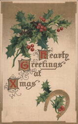 Hearty Greetings at Xmas Holly and Horseshoe Christmas Card Postcard