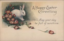 Happy Easter Greeting with White Bunny and Red Flowers Postcard