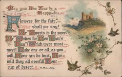 New Year's Greeting Poem with Castle, Birds, and Flowering Branches Postcard