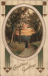 Christmas Greetings: Forest Path with Woman and Child, Sunset Glow Postcard
